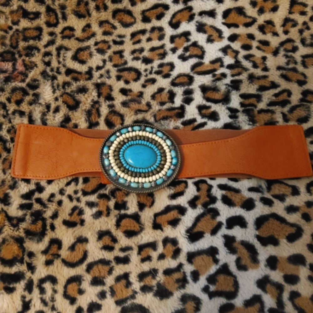 Brown Cowgirl Western Faux Leather Belt with Turquoise